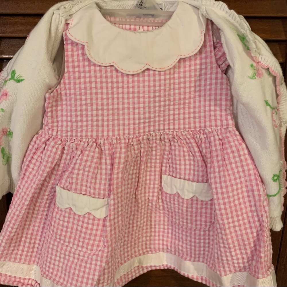 Pink Gingham Dress White Embroidered Cardigan - Picture 4 of 12